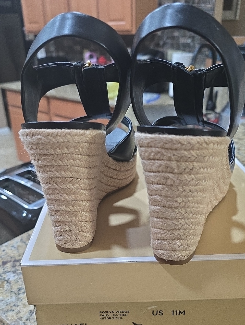 Michael Kors Black Leather Wedge Sandals with Natural Rope Heel